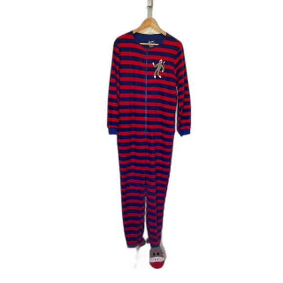 Nick and Nora Sock Monkey Footed Pajama Onesie Large Red Blue Stripe - Picture 2 of 8